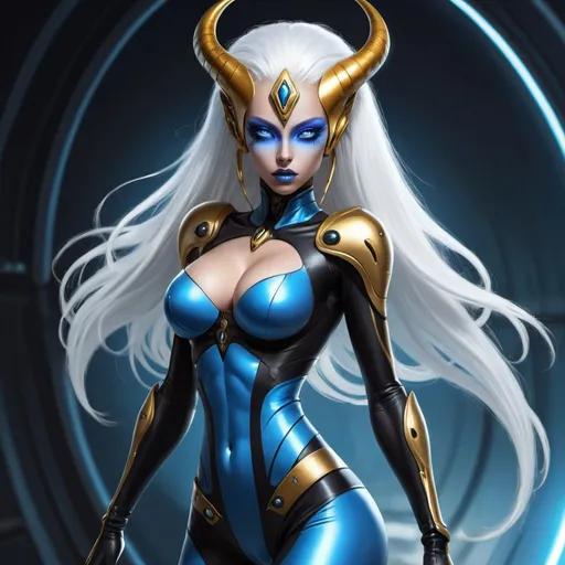 Prompt: big breasted beautiful blue alien woman, confident, wearing gold/black skin tight racing outfit and stockings, long white hair, eyes are gold colored, she has blue skin with pitch black colored horns, cyber art, sots art, official art, concept art