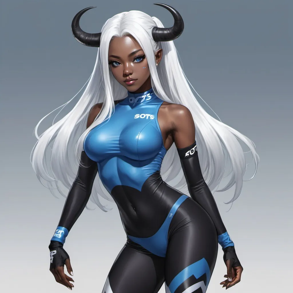 Prompt: a beautiful and black horned woman in a black skin tight racing outfit and stockings posing for a picture she has blue skin and long white hair,  Chizuko Yoshida, sots art, official art, concept art