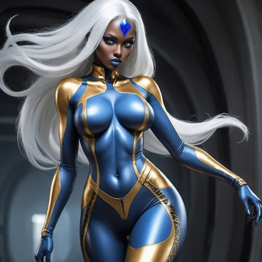 Prompt: strong big breasted beautiful blue alien woman, confident, wearing gold/black skin tight racing outfit and stockings, long white hair, eyes are gold colored, she has blue skin, with pitch grey/black colored horns, cyber art, sots art, official art, concept art
