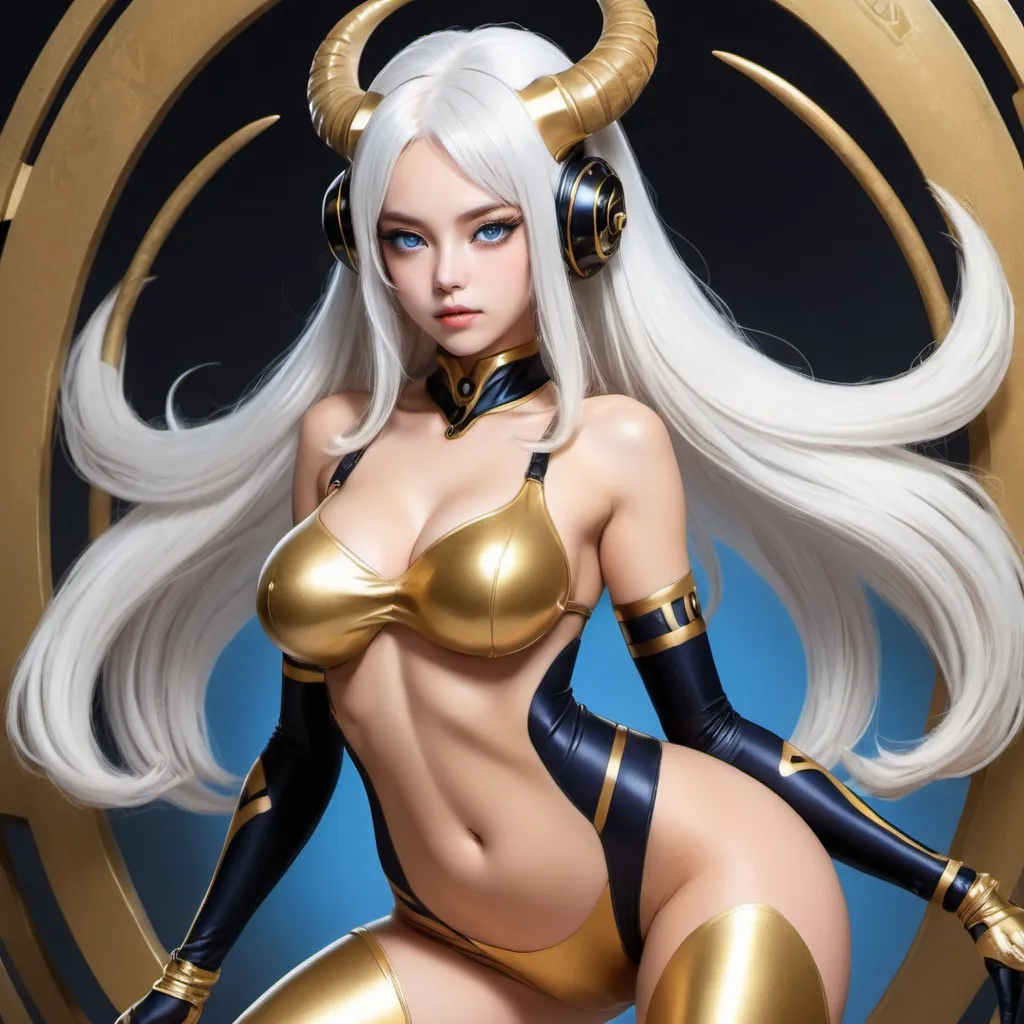 Prompt: big breasted beautiful alien woman confident woman, in a gold skin tight racing outfit and stockings posing for a picture, long white hair, solid gold eyes, she has blue skin with black ram horns  Chizuko Yoshida, sots art, official art, concept art