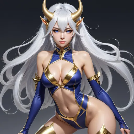 Prompt: blue skin beautiful woman in a gold skin tight racing outfit and stockings posing for a picture and long white hair with black horns and gold iris and eyes,  Chizuko Yoshida, sots art, official art, concept art