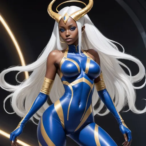 Prompt: blue melanin, big breasted beautiful alien woman, confident, in a gold skin tight racing outfit and stockings posing for a picture, long white hair, eyes are gold colored, she has blue skin with pitch black colored horns,  Chizuko Yoshida, sots art, official art, concept art