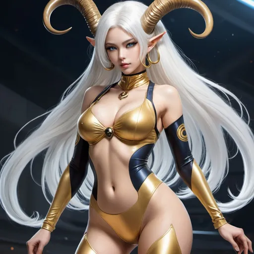 Prompt: big breasted beautiful alien woman confident woman, in a gold skin tight racing outfit and stockings posing for a picture, long white hair, solid gold eyes, she has blue skin with black ram horns  Chizuko Yoshida, sots art, official art, concept art