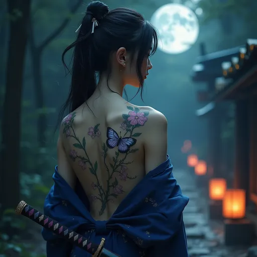 Prompt: An extremely beautiful and captivating young woman stands silently beneath the silver moonlight, her back turned toward the viewer, revealing an intricate tattoo of delicate flowers and fluttering butterflies that spans gracefully across her smooth, exposed skin. Each petal and wing is inked with exquisite detail — soft cherry blossoms, flowing vines, and vivid butterflies rendered in soft pastel tones, appearing almost alive in the cool night air.

She wears a partially open, deep indigo kimono that slips off her shoulders, exposing the elegant artwork on her back. The garment is trimmed with subtle silver embroidery resembling moonlight and falling petals. Her long, dark hair is loosely tied with silk cords, strands softly blowing in the night breeze.

A katana rests at her side, its handle wrapped in black and violet cord, hinting at the quiet power she holds. Her posture is serene yet alert — the calm before a storm — as she gazes into the darkness of a quiet, ancient forest or shrine, lanterns flickering faintly in the distance.

Render this scene in realistic cinematic style with delicate lighting, textured fabrics, glowing skin tones, intricate tattoo detail, and a dreamlike nocturnal atmosphere. Soft moonlight highlights the contours of her back and the shimmer of the tattoo, while the background melts into a mysterious, poetic blur — creating an image of quiet strength, beauty, and mysticism.