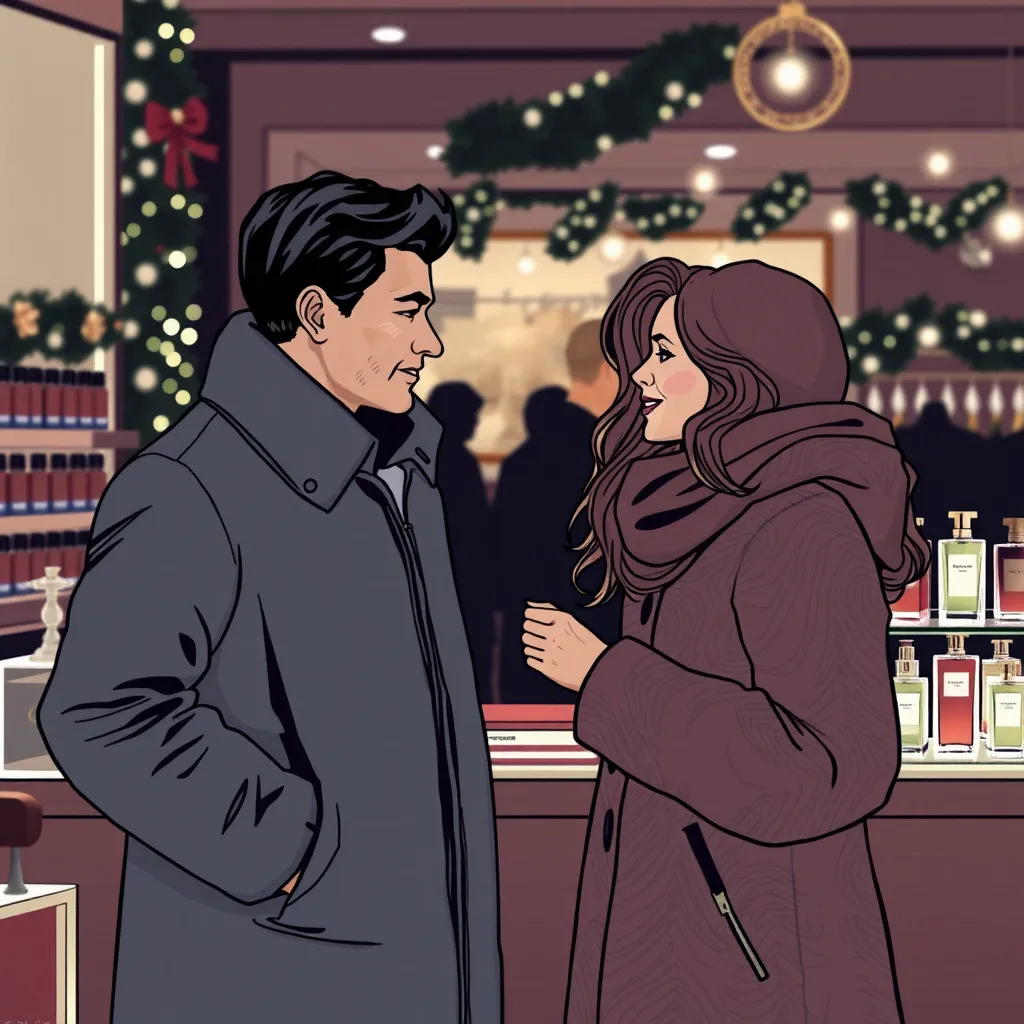 Prompt: Two strangers meet at a fragrance counter, sparking a potential holiday romance