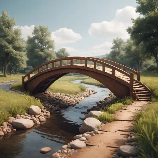 Prompt: create a river with a brown bridge

