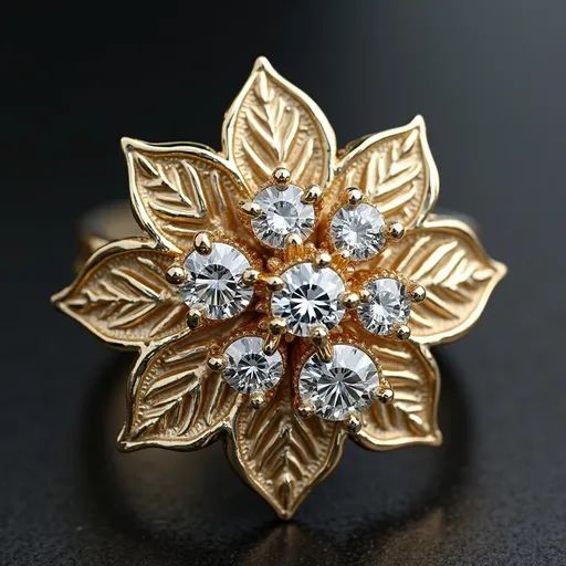 Prompt: Can you create a men's ring shaped like a chan flower, the national flower of Cambodia, with 8 diamonds, each of a similar size?