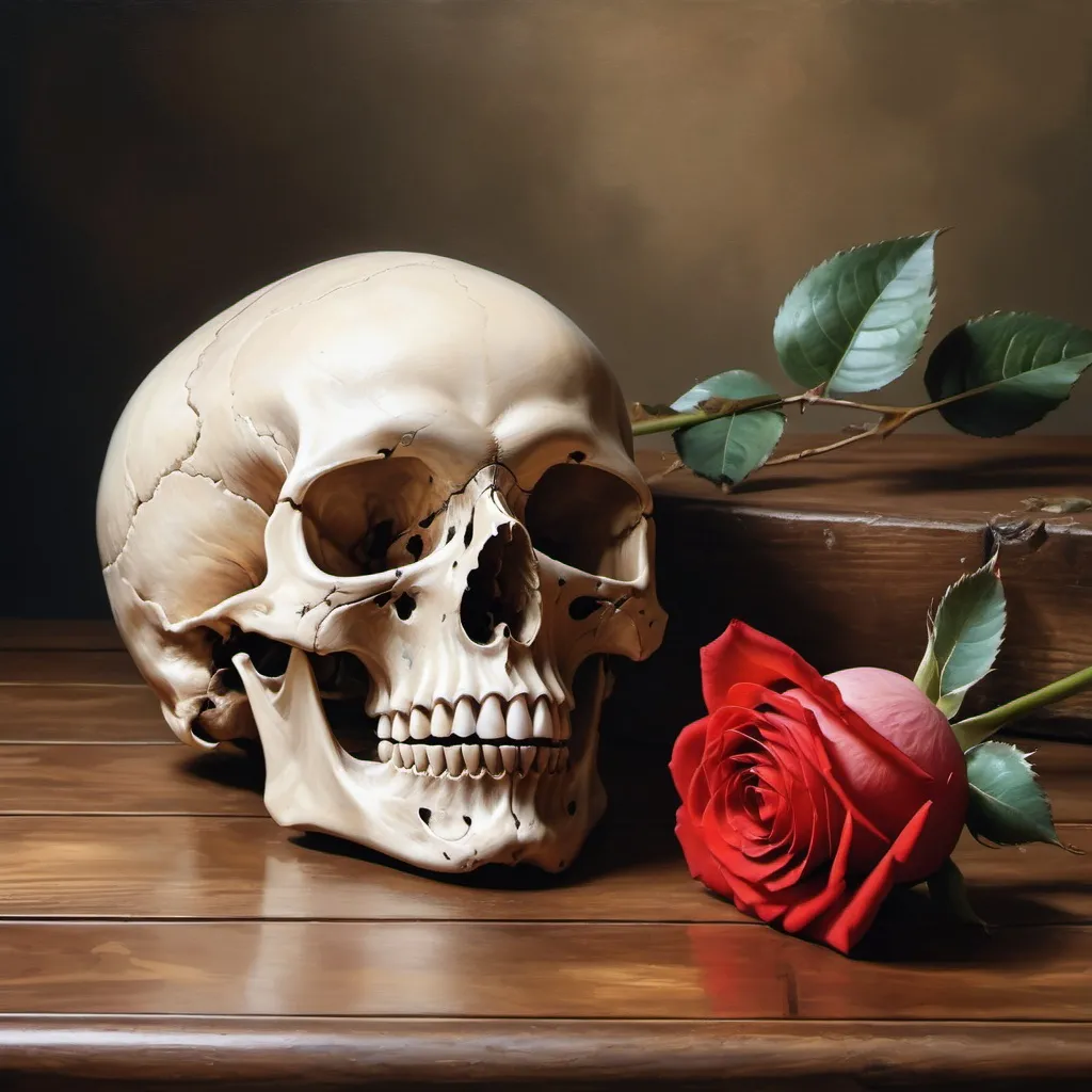 Prompt: A skull on wooden table next to a rose, realistic baroque painting perspective