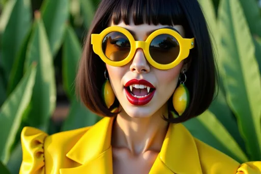 Prompt: With a strikingly bold aesthetic, a fashionable woman exudes confidence and vibrancy in a sun-soaked tropical setting. She sports oversized yellow sunglasses that reflect hints of sunlight, paired with exaggerated lemon-shaped earrings that dangle playfully from her ears. Her flawless complexion is accentuated by a glossy red lip, contrasting beautifully against her sleek bobbed hair. Clad in a bright yellow outfit, she poses against a lush green backdrop, capturing a lively summer vibe that is both refreshing and bold. The overall composition radiates a playful sense of style, inviting viewers into a cheerful, sunlit world.