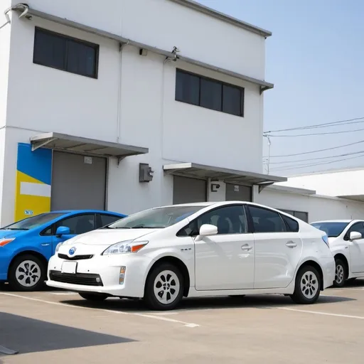 Prompt: Prius washing service base color white blue yellow