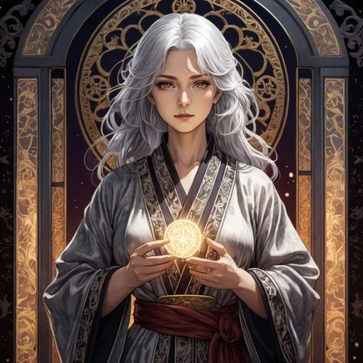 Prompt: tarot card Anime illustration, a silver-haired woman, detailed ornate cloth robe, dramatic lighting