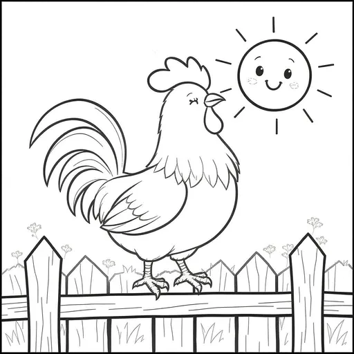 Prompt: a black-and-white page illustration for kids. super cute, cartoon-style rooster standing proudly on a wooden fence with a smiling sun rising in the background. the scene has simple, bold outlines for easy coloring