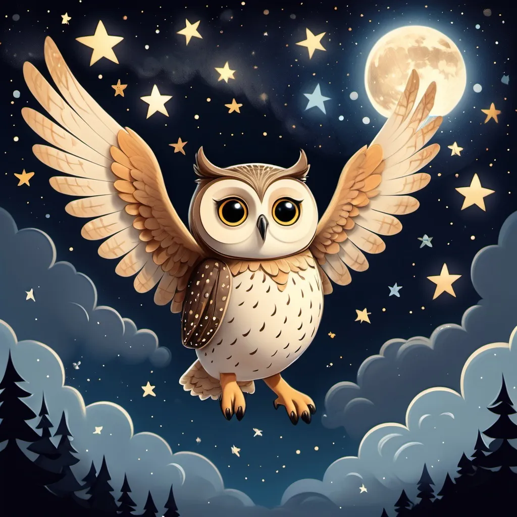 Prompt: Show Ollie the Owl flying through the night sky, with stars twinkling around him, maybe with a gentle motion of his wings.