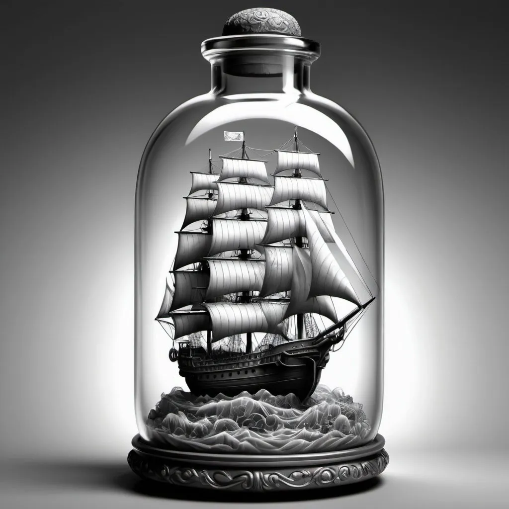 Prompt: Ship in a bottle, highly detailed, intricate shading, breathtaking details, grayscale, very high contrast,16k, three dimensional, intricate border around