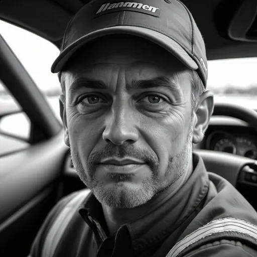 Prompt: Professional Driver, portrait, highly detailed, intricate shading, breathtaking details, grayscale, very high contrast, 4k, three dimensional
