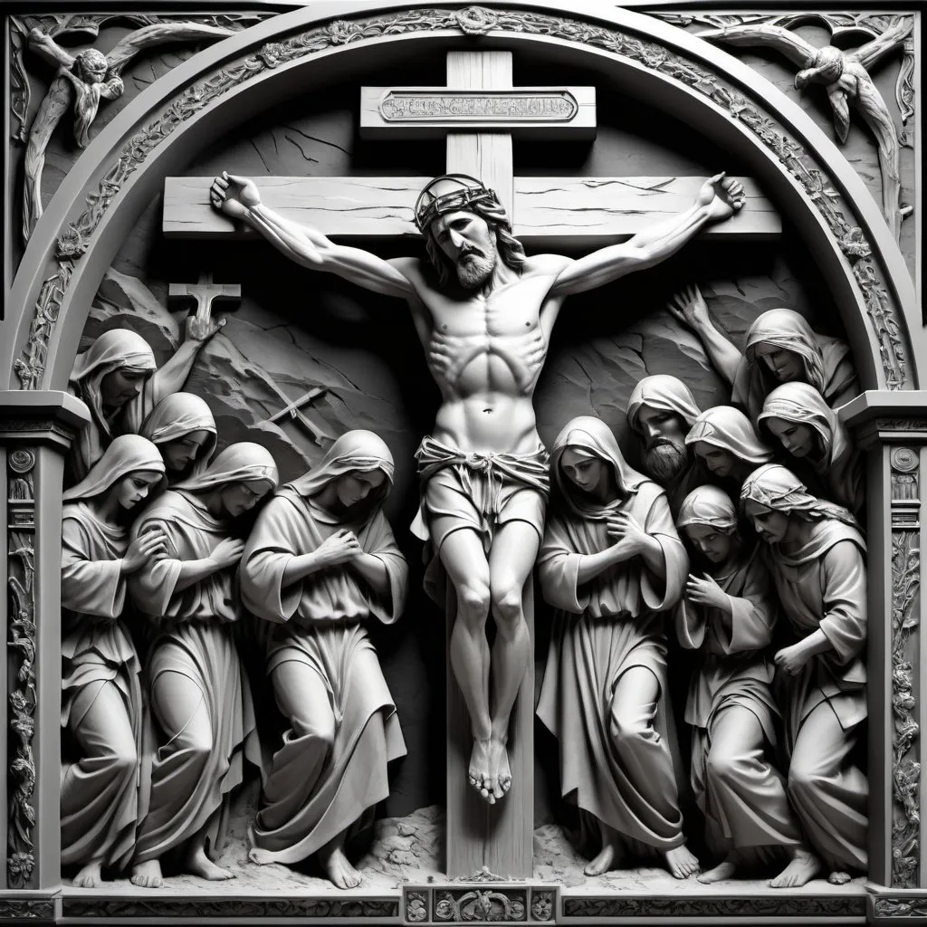 Prompt: Golgotha, BAS RELIEF, highly detailed, intricate shading, breathtaking details, grayscale, very high contrast,16k, three dimensional, intricate border around