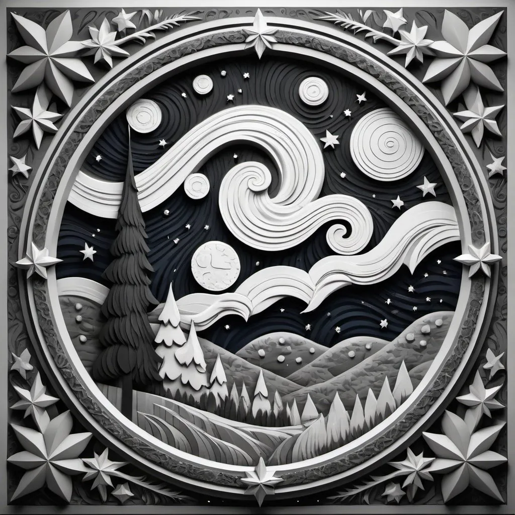 Prompt: Starry night, BAS RELIEF, highly detailed, intricate shading, breathtaking details, grayscale, very high contrast,16k, 3D, three dimensional, intricate border around