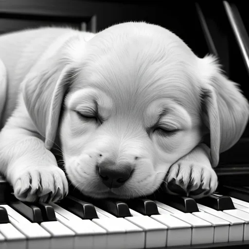 Prompt: Puppy asleep on piano keys, highly detailed, intricate shading, breathtaking details, grayscale, very high contrast, 4k, three dimensional, Justify Content Center