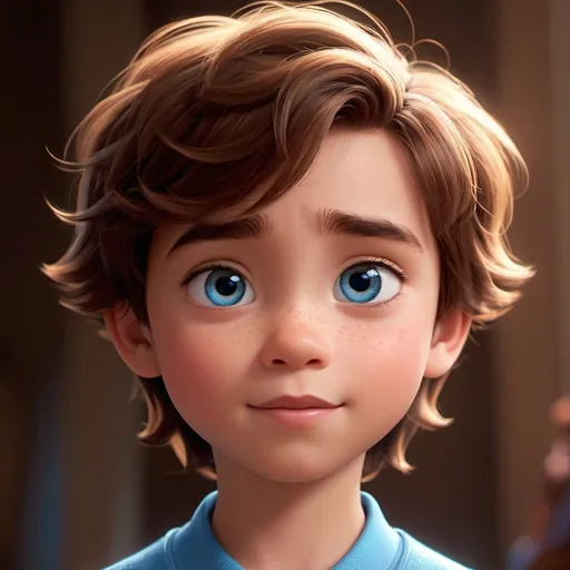 Prompt: Disney, Pixar art style, CGI, boy with light skin, blue eyes, brown hair, very pretty, solemn expression