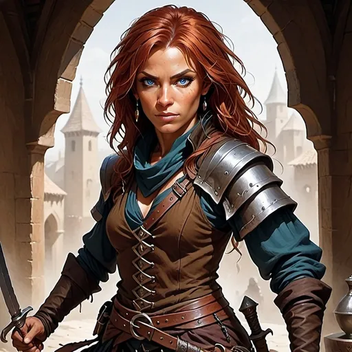 Prompt: a rogue with a dagger, 44 year old, blue eyes, brown red hair, brown skin, agry face