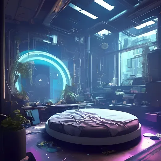 Prompt: create a cyberpunk, futuristic bedroom, a circle bed in the middle of the room floating, with a giant, circular skylight above the bed. The bed should be unmade and messy. Hanging from the ceiling and draping from the skylight should be a variety of fantastical and sci-fi looking plants. The plants should almost be canopying her bed, ecclentic and messy room, neon lights rim the room :: vibrant and bright color palette, natural sunlight, vibrant, bright, concept