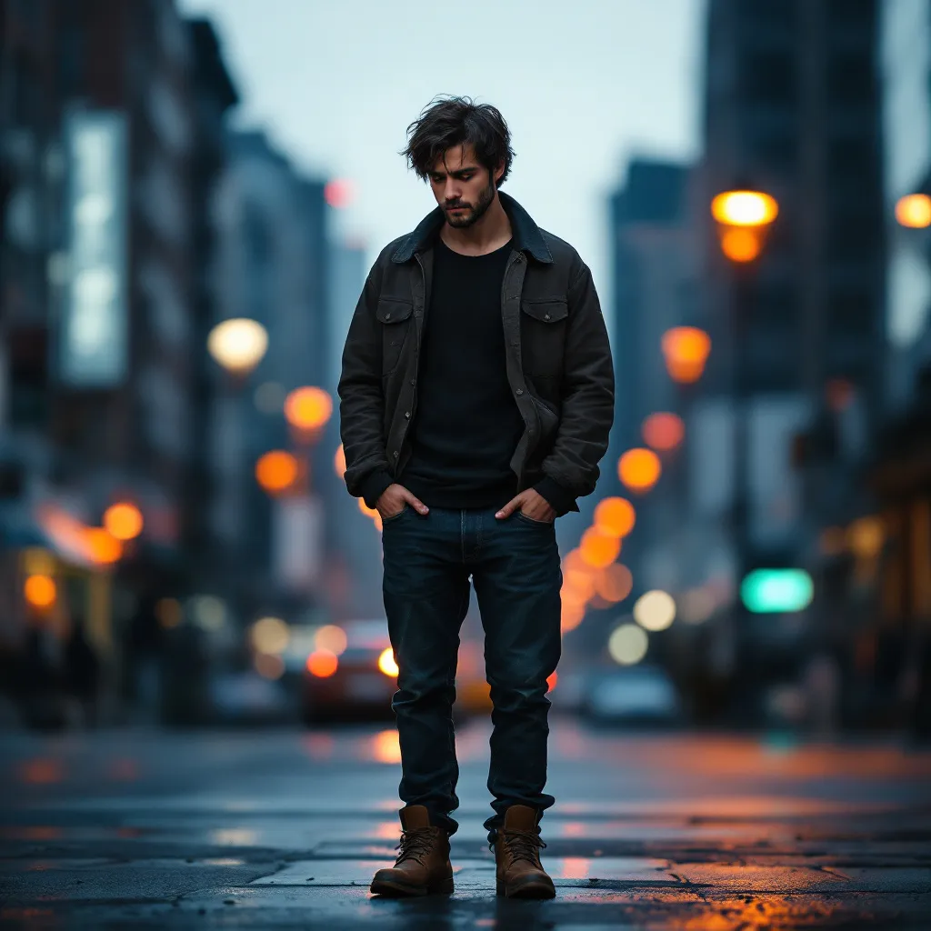 Prompt: A realistic full-body portrait of a deep-thinking young man standing in an urban evening setting, with soft orange and blue city lights in the background. He has medium-length tousled dark hair, a short beard, and thoughtful eyes looking slightly downward. His clothes are minimalist but artistic—maybe a dark jacket over a thin sweater, jeans, and worn-in leather boots. His body language is introspective but open, with hands in pockets and a slight lean forward. The atmosphere is emotional but quiet, cinematic like a reflective moment before a turning point in a movie. Ultra-realistic rendering, shallow depth of field, 35mm lens style.