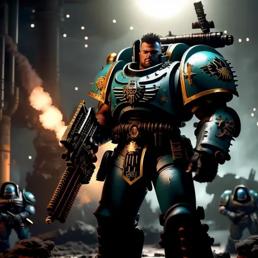 Prompt: Realistic depiction of a warhammer 40k primaris space marine from the raptors chapter, holding a bolter rifle, standing guard inside a gothic style space ship, dark environment, realistic textures and lighting, teal and green colors, dim reflections of light, grid-like metallic floor with rust, high quality, realistic, gothic, warhammer 40k, primaris, space marine, raptors chapter, bolter rifle, dark environment, textured, teal and green, dim reflections, metallic floor, atmospheric lighting