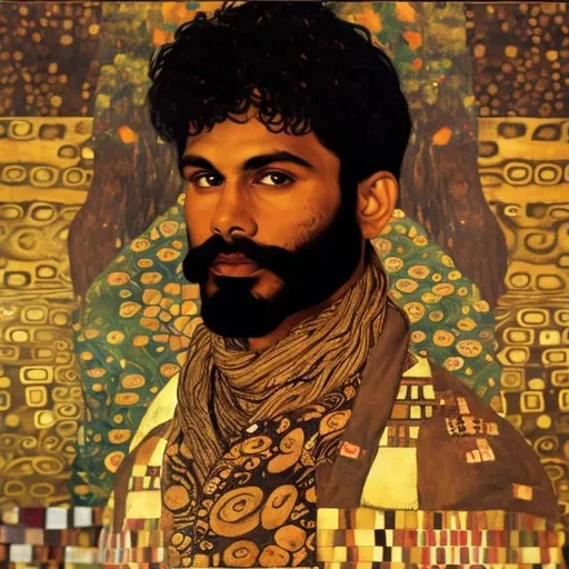 Prompt: handsome brown man wearing bandana in the style of Gustav Klimt