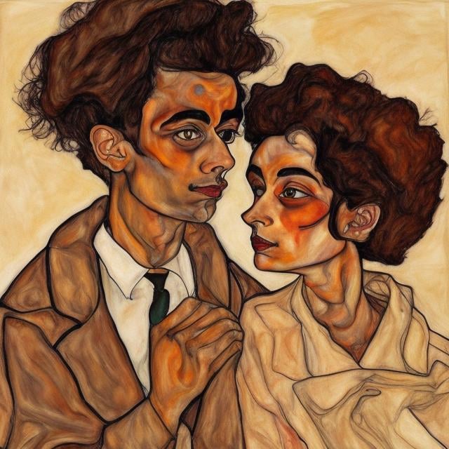 Prompt: beautiful brown couple in the style of Egon Schiele
 