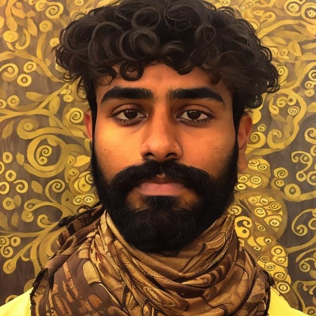 Prompt: handsome brown man wearing bandana in the style of Gustav Klimt