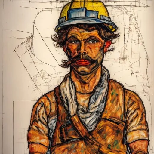 Prompt: construction worker man wearing bandana in the style of Egon Schiele