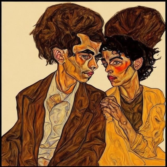Prompt: beautiful brown couple in the style of Egon Schiele
 