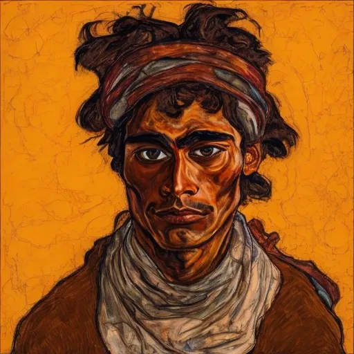 Prompt: brown man wearing bandana in the style of Egon Schiele
