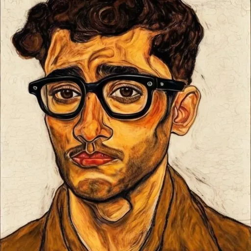 Prompt: handsome brown man wearing glasses in the style of Egon Schiele
 