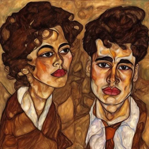 Prompt: beautiful brown couple in the style of Egon Schiele
 