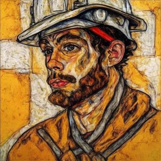 Prompt: construction worker man wearing bandana in the style of Egon Schiele