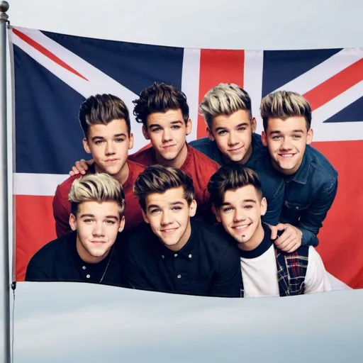 Prompt: a flag with a photo of One Direction