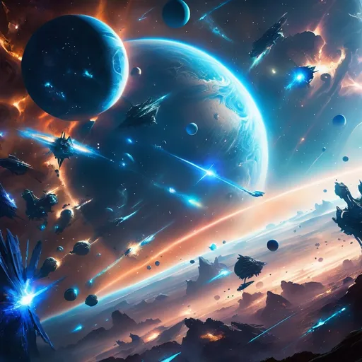 Prompt: A blue star peeks majestically behind a distant world, casting vibrant cool tones across the scene. Orbiting the planet are a couple of small, mysterious moons, adding depth and intrigue. In the foreground, dynamic alien spaceships engage in an epic battle, their energy beams contrasting with the serene celestial backdrop. High detail, ultra-detailed, cinematic atmosphere.