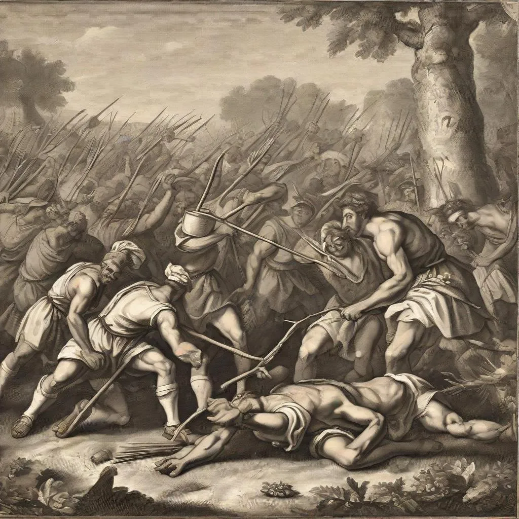 Prompt: Can you make me an image in the style of 1700s war paintings that depicts Greek farmers killing Troyians with pitchforks? The farmers should look like they live on an island nation and the Troyians should look identifiable. 