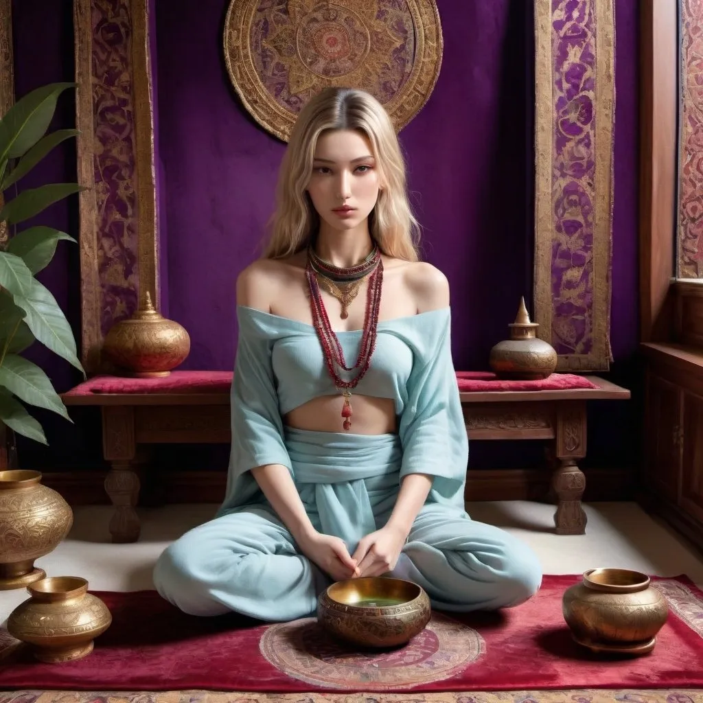 Prompt: a heavenly healer/herbalist kneeling on a plush spiritual Buddhist cushion in the middle of an ornate spiritual room with rich purple velveted walls, rows and rows of wooden shelves, bottled-up herbal plants, and healing serums. She is staring straight ahead, with a serene expression on her face. she is holding a rusty ancient holy Tibetan singing bowl, the stick in her hand, about to strike it. she is wearing an elegant silk that is light blue. on her shoulder is perched a fierce and terrifying average-sized bald eagle. she is a beautiful woman, with a combination of Bella Hadid's and Dua Lipa's face, lips glossed, gold eyeshadow, and a slender body. she has a small waist and an elegant pointy chin. She is wearing several prayer beads on her wrists and neck. the beads on her neck are placed like a choker. the floor is carpeted with a plush intricate red Arabic Middle Eastern carpet. the aura of the room is mysterious and peaceful. She has placed a rose in her face-framing long wavy hair. her hair is dirty blond, and her eyes are stunning green. she is the most beautiful woman you have ever seen. this is in an anime form.       