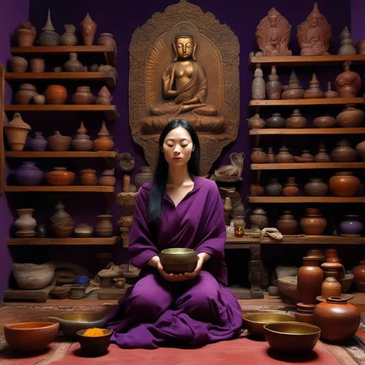 Prompt: a heavenly healer/herbalist kneeling on a plush spiritual Buddhist cushion in the middle of an ornate spiritual room <mymodel>, with rich purple velveted walls, rows and rows of wooden shelves, bottled-up herbal plants, and healing serums. She is staring straight ahead, with a serene expression on her face. she is holding a rusty ancient holy Tibetan singing bowl, the stick in her hand, about to strike it. she is wearing an elegant silk that is light blue. on her shoulder is perched a fierce and terrifying average-sized bald eagle. she is a beautiful woman, with a combination of Bella Hadid's and Dua Lipa's face, lips glossed, gold eyeshadow, and a slender body. she has a small waist and an elegant pointy chin. She is wearing several prayer beads on her wrists and neck. the beads on her neck are placed like a choker. the floor is carpeted with a plush intricate red Arabic Middle Eastern carpet. the aura of the room is mysterious and peaceful. She has placed a rose in her face-framing long wavy hair. her hair is dirty blond, and her eyes are stunning green. she is the most beautiful woman you have ever seen. this is in an anime form.       