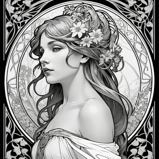Prompt: A herbalist , a stunning Alphonse Mucha's vector graphics <mymodel> masterpiece in simple black and white coloring book art , neat and clean composition of perfect geometrical shapes with sharp precisely stabilized lineart , neat and clear tangents ful of negative space