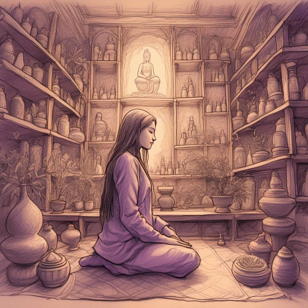 Prompt: a pencil sketch of a heavenly healer/herbalist kneeling on a plush spiritual Buddhist cushion in the middle of an ornate spiritual room <mymodel>, with rich purple velveted walls, rows and rows of wooden shelves, bottled-up herbal plants, and healing serums. She is staring straight ahead, with a serene expression on her face. she is holding a rusty ancient holy Tibetan singing bowl, the stick in her hand, about to strike it. she is wearing an elegant silk that is light blue. on her shoulder is perched a fierce and terrifying average-sized bald eagle. she is a beautiful woman, with a combination of Bella Hadid's and Dua Lipa's face, lips glossed, gold eyeshadow, and a slender body. she has a small waist and an elegant pointy chin. She is wearing several prayer beads on her wrists and neck. the beads on her neck are placed like a choker. the floor is carpeted with a plush intricate red Arabic Middle Eastern carpet. the aura of the room is mysterious and peaceful. She has placed a rose in her face-framing long wavy hair. her hair is dirty blond, and her eyes are stunning green. she is the most beautiful woman you have ever seen. this is in an anime form.       