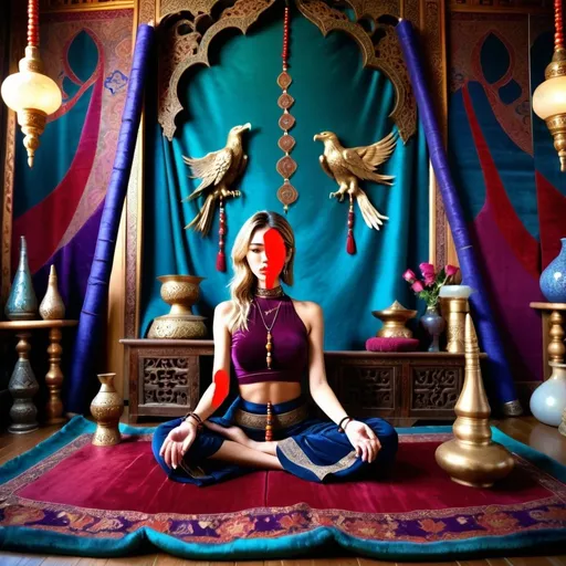 Prompt: a heavenly healer/herbalist kneeling on a plush spiritual Buddhist cushion in the middle of an ornate spiritual room <mymodel>, with rich purple velveted walls, rows and rows of wooden shelves, bottled-up herbal plants, and healing serums. She is staring straight ahead, with a serene expression on her face. she is holding a rusty ancient holy Tibetan singing bowl, the stick in her hand, about to strike it. she is wearing an elegant silk that is light blue. on her shoulder is perched a fierce and terrifying average-sized eagle. she is a beautiful woman, with Madison Beer's face, lips glossed, gold eyeshadow, and a slender body. she has a small waist and an elegant pointy chin. She is wearing several prayer beads on her wrists and neck. the beads on her neck are placed like a choker. the floor is carpeted with a plush intricate red Arabic Middle Eastern carpet. the aura of the room is mysterious and peaceful. She has placed a rose in her face-framing wavy hair. her hair is dirty blond, and her eyes are stunning green. she is the most beautiful woman you have ever seen. this is in an anime form.       