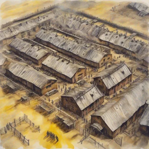 Prompt: watercolor of an overhead drone view painting the Nazi death camp in Auschwitz, Poland. There was exhaust coming out of the gas chambers, and Jews who just got out of the Auschwitz train were awaiting selection, whether they were healthy enough to work, or to be murdered in the gas chambers. They are covered in fibrous blankets, all wearing the yellow Jewish star patch with Jood sewn in white letters. At the front of the line, an SS officer points his hand right, directing a boy standing before him to the work area. Some of the prisoners have a look of terror and fear on their faces. The painting uses dark colors, to give it an uneasy vibe of suffering.  