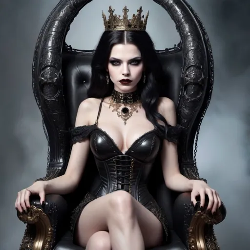 Prompt: an evil queen sitting on an ornate black bejeweled throne. her look is defiant and determined. She wears burgundy wine-colored lipstick and black eyeshadow. her nails are painted black, and she is wearing Charmian Women's Steampunk Gothic Heavy Strong Steel Boned Corset with Zipper. her hair is jet black, and open, to wavy strands but cut shoulder length. She wears a black diamond studded choker, and it is so tight it is surprising it is not choking her. she wears lots of black rings on her fingers. her legs are pale and bare. so is her face. she is not at all rosy-faced. she looks evil, angry, almost. she wears Yves Saint Lauren fantasy heels. you can see her full body, and the the platform where her throne stands on.   
