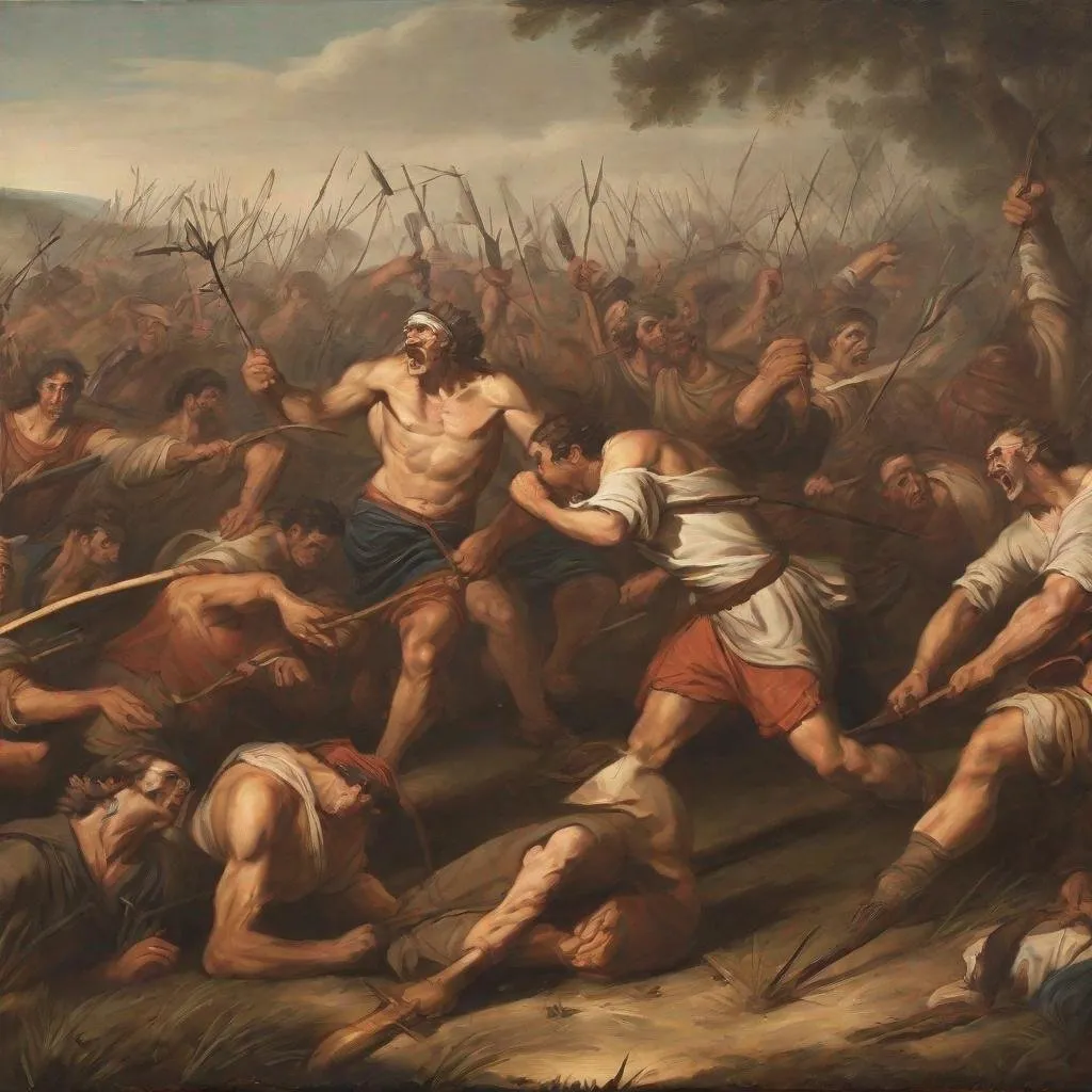 Prompt: Can you make me an image in the style of 1700s war paintings that depicts Greek farmers killing Troyians with pitchforks? The farmers should look like they live on an island nation and the Troyians should look identifiable. 