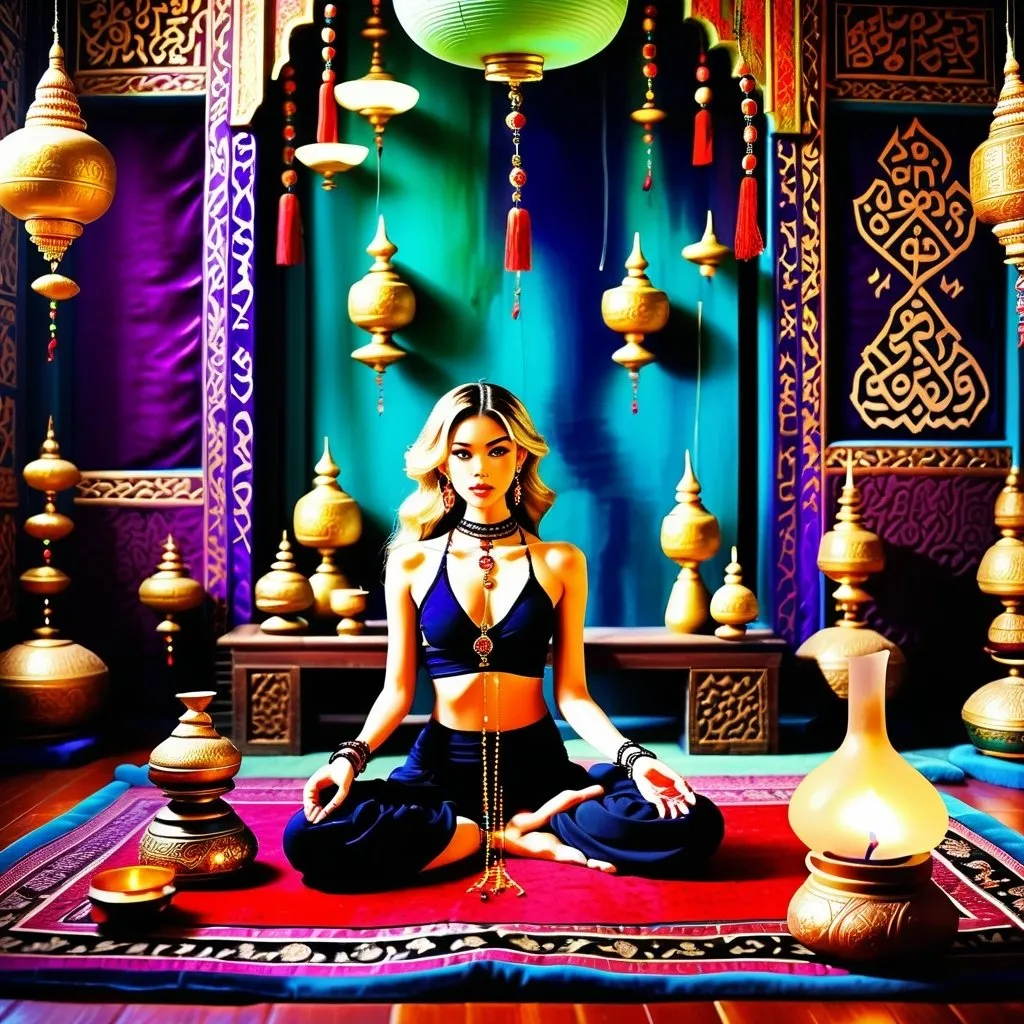 Prompt: a heavenly healer/herbalist kneeling on a plush spiritual Buddhist cushion in the middle of an ornate spiritual room <mymodel>, with rich purple velveted walls, rows and rows of wooden shelves, bottled-up herbal plants, and healing serums. She is staring straight ahead, with a serene expression on her face. she is holding a rusty ancient holy Tibetan singing bowl, the stick in her hand, about to strike it. she is wearing an elegant silk that is light blue. on her shoulder is perched a fierce and terrifying average-sized bald  eagle. she is a beautiful woman, with Madison Beer's face, lips glossed, gold eyeshadow, and a slender body. she has a small waist and an elegant pointy chin. She is wearing several prayer beads on her wrists and neck. the beads on her neck are placed like a choker. the floor is carpeted with a plush intricate red Arabic Middle Eastern carpet. the aura of the room is mysterious and peaceful. She has placed a rose in her face-framing long wavy hair. her hair is dirty blond, and her eyes are stunning green. she is the most beautiful woman you have ever seen. this is in an anime form.       
