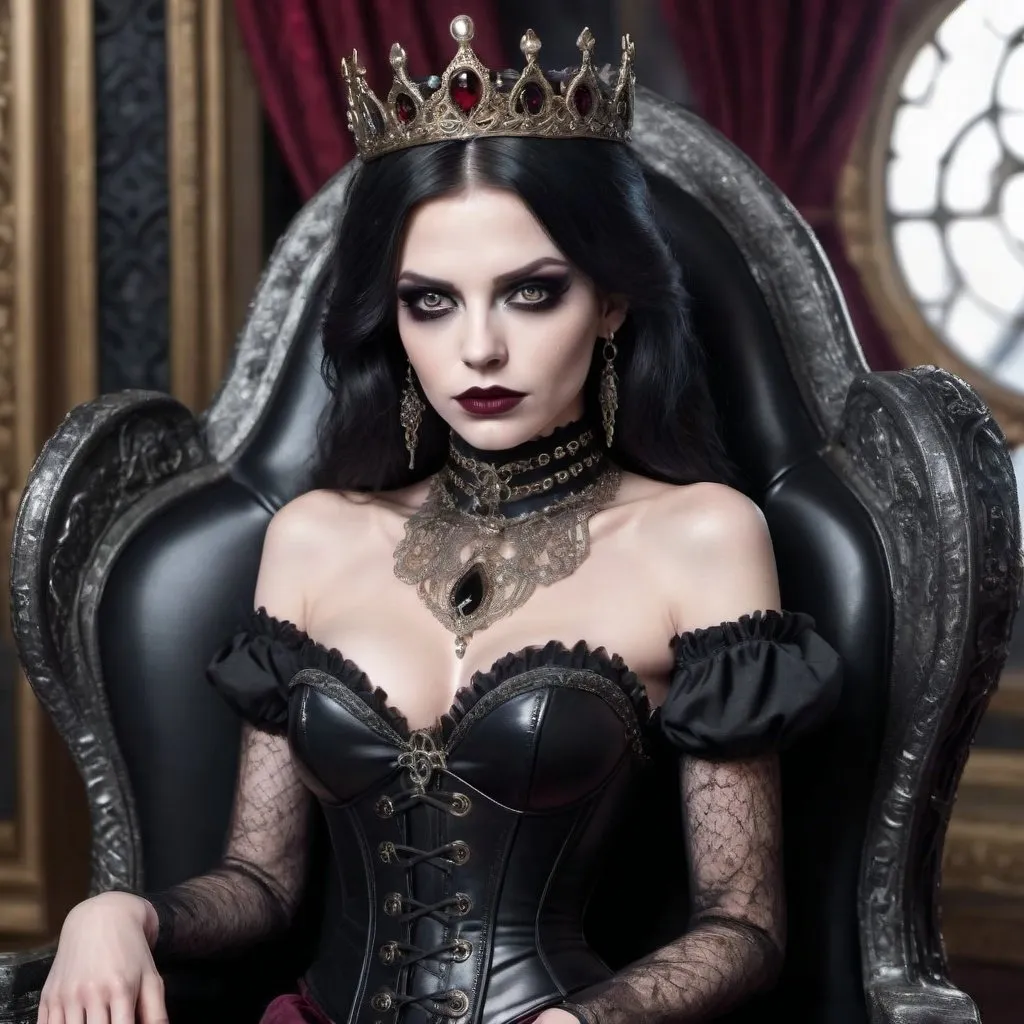 Prompt: an evil queen sitting on an ornate black bejeweled throne. her look is defiant and determined. She wears burgundy wine-colored lipstick and black eyeshadow. her nails are painted black, and she is wearing Charmian Women's Steampunk Gothic Heavy Strong Steel Boned Corset with Zipper. her hair is jet black, and open, to wavy strands but cut shoulder length. She wears a black diamond studded choker, and it is so tight it is surprising it is not choking her. she wears lots of black rings on her fingers. her legs are pale and bare. so is her face. she is not at all rosy-faced. she looks evil, angry, almost. she wears Yves Saint Lauren fantasy heels.     
