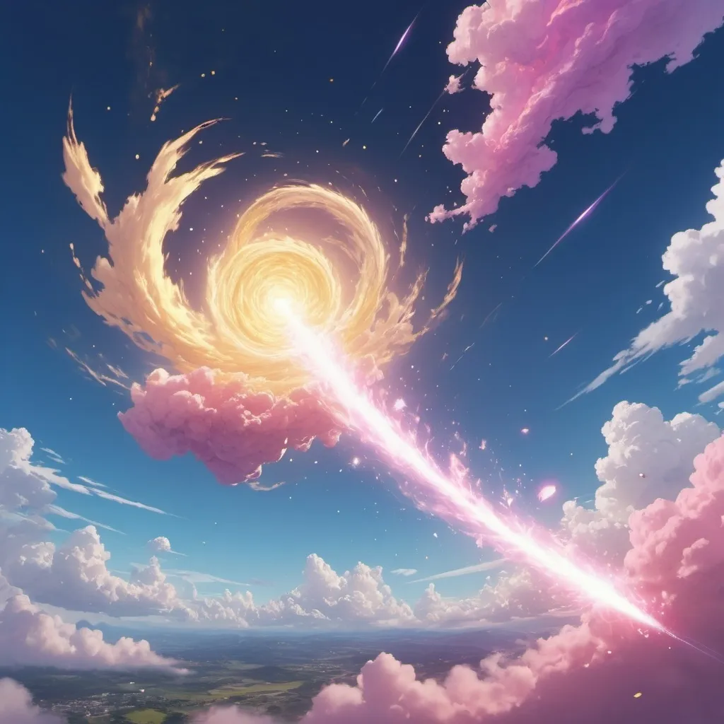 Prompt: An HD image of a shooting yellowed shooting celestial object falling in the atmosphere leaving an tail with a color of pink and blue mixture. Color of sky should be purple with a mixture of light blue. Clouds should fade. Art Style: Genshin Impact, Extremely Detailed, DSLR